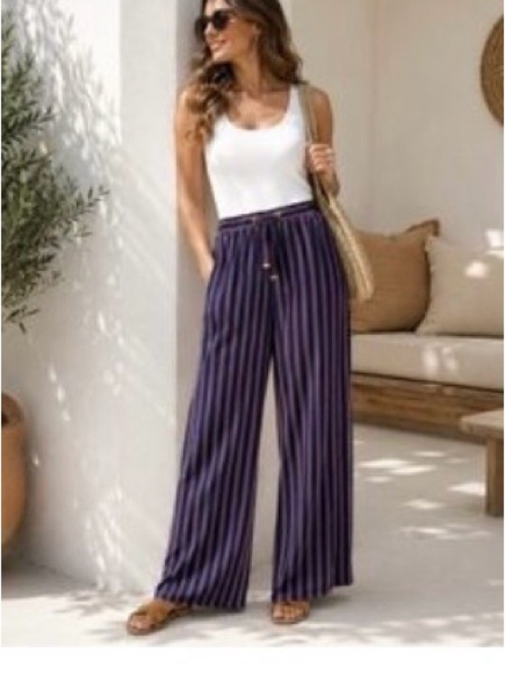 Michael Kors Women’s Stripped Relaxed Wide Leg Elastic Waistband Pockets Sz L.